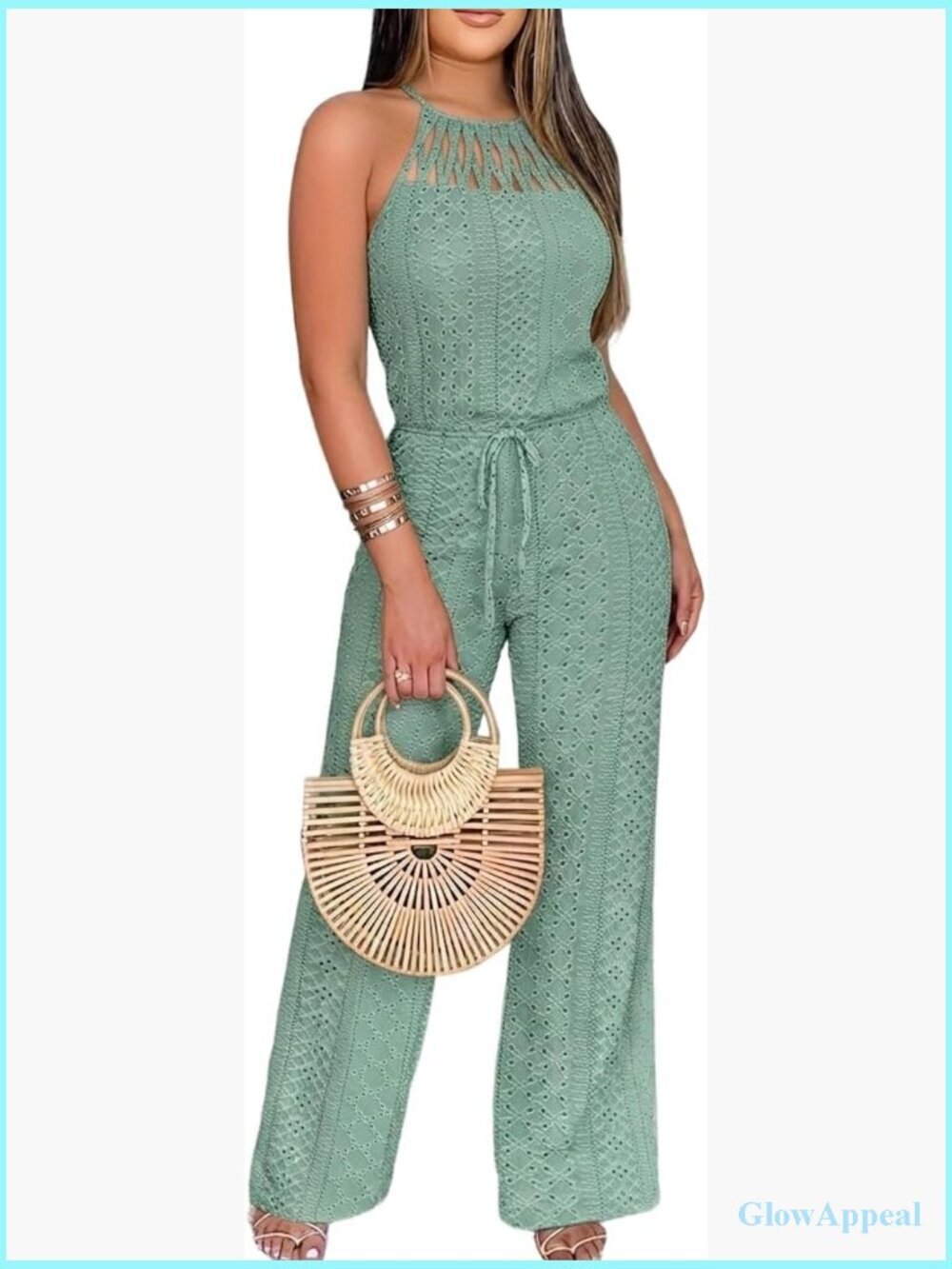 Halter Knit Wide Leg Jumpsuit with Pockets Drawstring Waist Sleeveless Romper